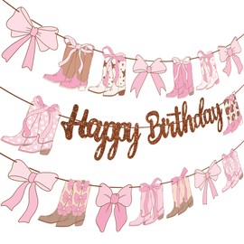 Cowgirl Boots Bow Birthday Banners Western Coquette Decorations 3PCS Boots and Bows Banner Glitter Brown Coquette Birthday Party Supplies for Baby Shower Decor