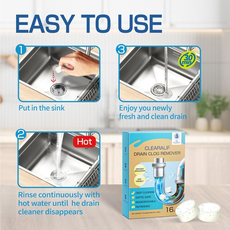 CLEARALIF Drain Clog Remover and Cleaner, 16 Pack, Unscented, Drain