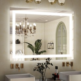 GLSLAND 40"x30" LED Lighted Bathroom Mirror Dimmable Wall Mirrors with Anti-Fog LED Bathroom Mirror 2 Dimmable Light Colors LED Mirror Hangs Horizontally or Vertically