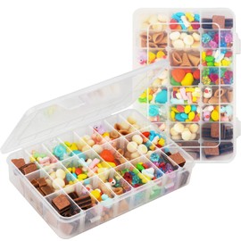 HOTUT 2 Pcs Snack Box with Compartments, Plastic Stackable Organizer Container with Adjustable Dividers, Snack Box with 24 Removable Grids Compartments, Plastic Organiser Box for Bead Screw Nut Craft