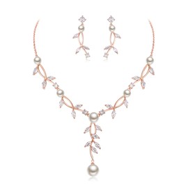EleQueen Bridal Flower Leaf Wedding Jewelry Set for Women, Rose Gold Plated Cubic Zirconia Simulated Pearl Floral Vine Filigree Necklace Earrings Set Jewelry Gift for Brides Bridesmaid