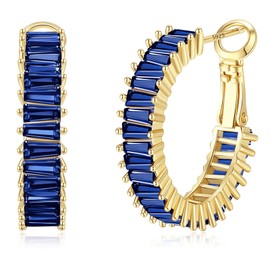 GLOQUAT Gold Blue Sapphire Hoop Earrings 14K Gold Plated Sapphire Earrings for Women Vintage Blue Cubic Zirconia Hoop Earrings Fashion Round Circle Hoops Earrings Sapphire Jewelry for Women 25mm