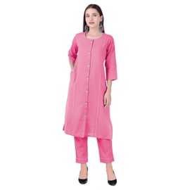 ladyline Women's 2-Piece Cotton Co-Ord Set - Kurta with Palazzo Pants, Linen Look with Embroidery (CESK RCZ1350) (46/ Pink)