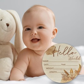 Hello World Newborn Sign Floral Baby Name Birth Announcement Sign for Nursery Hospital Welcome Baby Name Plaque 6 inch Circle Birch Wood Board Birth Stat Sign Newborn Gifts for Mom