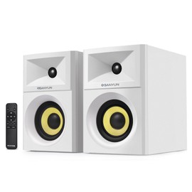Sanyun SW205 80W 4” Powered Bookshelf Speakers with Wooden Cabinet - Innovative Exterior Designs and Advanced DSP Chips - Optical 3.5mm Aux and Bluetooth 5.4 Inputs – Wireless Remote (Pair, White)