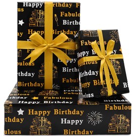 Birthday Wrapping Paper 5Pcs,50 * 70cm Gold Black Wrapping Paper for Men Woman Birthday Decorations