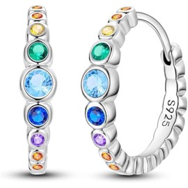 QIKAOLA S925 Silver Earrings for Women Huggie Hoop Earrings Colourful Cubic Zirconia, Sterling Silver, Cubic Zirconia