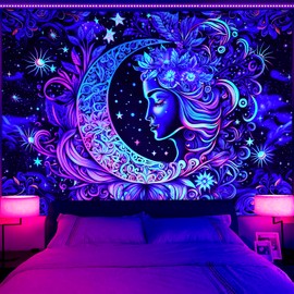 AtawLege Blacklight Tapestry UV Reactive Tapestries Moon and Star Tapestry Sun Mandala Tapestry Aesthetic Tapestry Boho Tapestry Wall Hanging for Bedroom(51.2 x 59.1 inches)