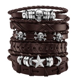 Eigso 6 Pcs Leather Bracelet Brown Braided Wide Wristband Women Men Punk Rock Jewelry Skull