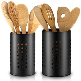 GSrenyu Kitchen Utensils Holder for Countertop,Stainless Steel Black Utensils Caddy,Farmhouse Stylish Organizer and Kitchen Decor Utensil Crock,Gift for New House New Apartment,Pack of 2,Black