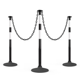 RoadHero 3 Pack Traffic Delineator Post with Weighted Rubber Base, Portable Black Safety Barrier Posts Cones with 5 FT Plastic Chain and Reflective Collars for Parking Lots,Construction Events
