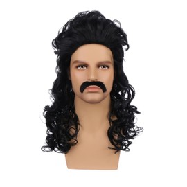 Edivd Children Black Wig Kids Long Black Wavy Curly Wig with Mustache Heat Resistant Synthetic Wig with Wig Cap