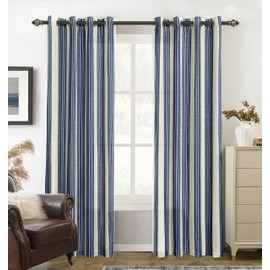 DriftAway Farmhouse Vertical Striped Linen Blend Textured Light Filtering Semi Sheer Curtains for Living Room Bedroom 84 Inches Long Drapes 2 Panels Broad Striped Dark Navy