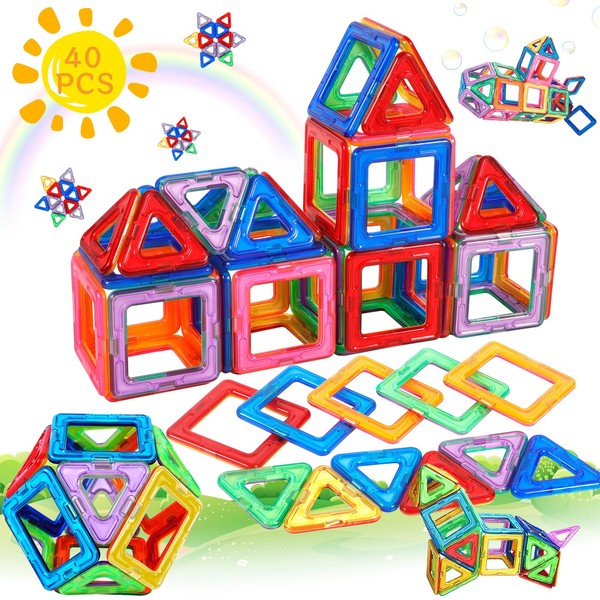 AOUVT 40 Pieces Magnetic Building Blocks, Learning Toy Made of
