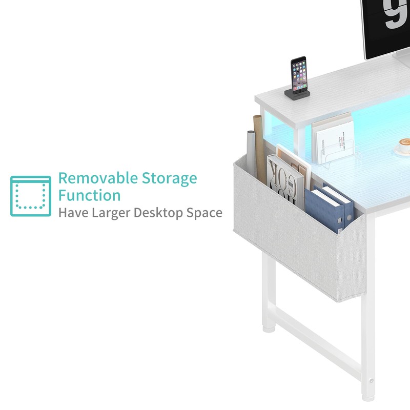 Lufeiya White Computer Desk with LED Lights and Power Outlets,