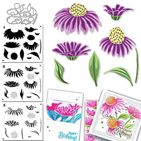 1set Coneflower Dies & 3pc Layering Stencils Daisy Flower Metal