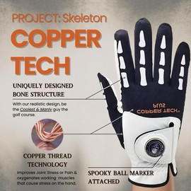 XEIRPRO Copper Tech Men's Golf Gloves - Skeleton Pattern with Ball Marker – Perfect for Summer - Copper Infused Mens Golf Gloves (White/Black, XL, Left)