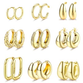 JeweBella 9 Pairs Gold Hoop Earrings Set for Women Girls 14K Gold-Plated Earrings Hypoallergenic Chunky Small Gold Hoop Earrings Set Gold Hoop Earrings Cartilage Huggie Hoop Earrings Fashion