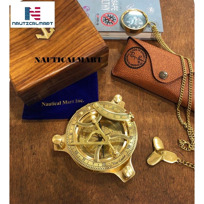 Captain Brass Sundial Compass with Hardwood Wooden Box Nauticalmart