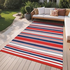 GarveeHome Outdoor Rug Mat for Patio, 8x10 Plastic Straw Rug, Modern Striped Outdoor Camping Rugs for Patio, RV, Porch, Deck, Backyard, Balcony, Camping, Trailer (Red Blue)
