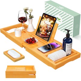 Artmalle Foldable Bathtub Tray for Tub, Bamboo Bathtub Caddy Tray Table with Book Stand for Luxury Bath, Bathroom Accessories for Women Men with Free Soap Dish (Semi-Simple, Natural) (Natural)