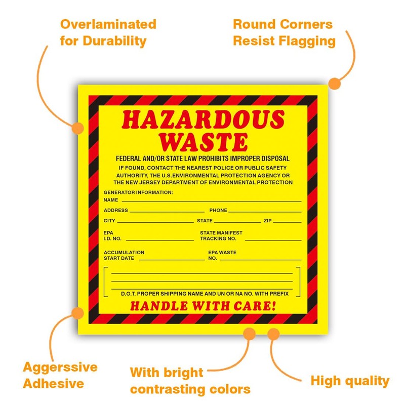 Hazardous Waste Label 6"x6" Adhesive-Poly Vinyl Warning Stickers Self Adhesive