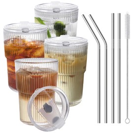 HIGIINC Iced Coffee Cups With Lids and Straws 4 Pcs, 16 OZ Unbreakable Glasses Drinking Set,Clear Plastic Cups Reusable Iced Coffee Tumbler with Lid and Straw, To Go Coffee Cups Dishwasher Safe