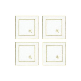 Roumelie Orientale 100% Pure Linen Embroidered Cocktail Napkin Set of 4 - “ White Palm Charm”, Handcrafted, Premium Quality, 6 x 6 inches, Machine Washable