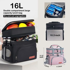 JOINGO Lunch Box For Men/Women,Large Double-layer Insulated Expandable Reusable Leakproof Cooler Bags For Adults,Lunch Bag With Adjustable Shoulder Strap For Office Travel Picnic（Pink）