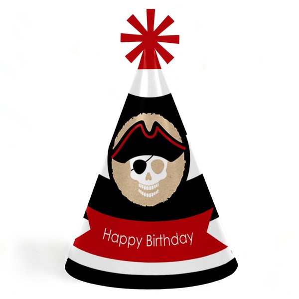 Beware of Pirates - Cone Pirate Happy Birthday Party Hats for Kids and Adults - Set of 8 (Standard Size)