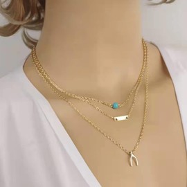 Cimenexe Bohemian Layered Turquoise Choker Necklace Wishbone Necklace Turquoise Bead Necklace Gold Bar Necklace Chain Blue Turquoise Pendant Necklace Blue Natural Stone Necklace Chain Jewelry
