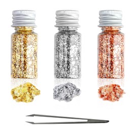 Pack of 3 30 ml Gold Leaf Flakes, Multi-Purpose Decorative Film in Gold, Multifunctional Decorative Gold Foil, Silver and Rose Gold for Crafts and Table Decoration Celebrations (with Tweezers)