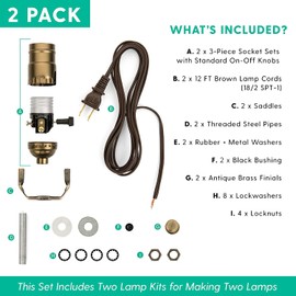 I Like That Lamp DIY Lamp Wiring Kit, Antique Brass 3-Way Socket & 12FT Brown Cord (2 Pack), for Making & Fixing Table or Floor Lamps, Repair & Rewire Vintage Lighting Fixtures, Complete Hardware Set