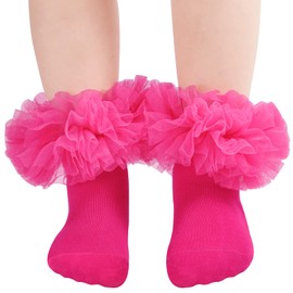 Mini angel Girls Ruffle Socks Frilly Dress Socks Kids Lace Tutu Socks for Toddler Little Girls 2-4 Years, 2 Pack (White, Hot Pink, S)