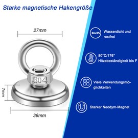 Magnets Extra Strong Large, 36 mm Magnetic Fishing Magnet with Hole, Pack of 2 Neodymium Magnets, Extra Strong with Lifting Rings and Screws for Magnetic Fishing, Camping, Industry Magnets, Cruise