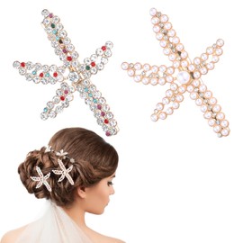 2 PCS Starfish Hair Clip, Gold Rhinestone Mermaid Hair Jewelry, Faux Pearl Crystal Sea Star Beach Clips Accessories for Women, Girls, Wedding, Bride(2.5x1.7inch)