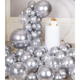 RainbowQ Party Sliver Balloons Different Sizes 18/12/5 Inch and Fuchsia Confetti Balloons Shiny Latex Helium Balloons Set for Anniversary Graduation Wedding Birthday Party Decorations