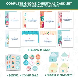 Decorably 16 Pack Foiled Gnome Christmas Cards with Envelopes & Stickers - 8 Designs Printed Message Inside Christmas Cards with Envelopes Gnomes, 5x7in Christmas Cards with Envelope