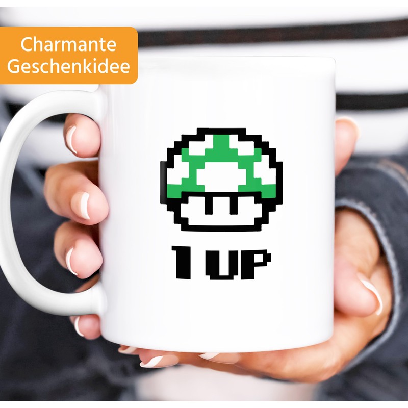 MoonWorks Coffee Cup Birthday Retro Pixel Mushroom 1-Up Mushroom Level-Up