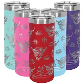Highland Cow-Cactus Design 22 oz Skinny Tumbler with Slider Lid and Straw, Engraved Insulated Stainless Steel Cup with Wrap Around Design, Unique Gift for Christmas, Birthday, Mother's Day