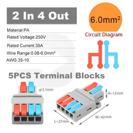 MiJunHD 2 In 4 Out Quick Lever Push-in Electrical Wire Terminal Block, 5 PCS Wire Connector Splitter Distribution for Surface Wiring & Circuit Inline (0.08-6mm² Wire, 35-10 AWG, 250V, 35A)