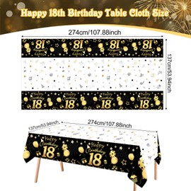 HOWAF 3 Pack 18th Birthday Tablecloth, 54 x 108 Inches Black and Gold Birthday Table Decoration for Happy 18th Birthday Party Supplies Decor 18 Birthday Plastic Rectangular Table Cover