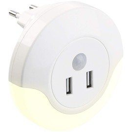 Luminea USB Power Supply: LED Socket Night Light with PIR and Light Sensor, 2x USB (10 Watt) (USB Lamp with Motion Sensor, Automatic Night Light, Motion Switch)