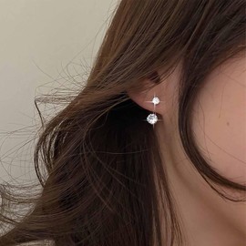 Dervivea Vintage Cz Ear Jacket Earrings Silver Gemstone Stud Earrings Double Rhinestone Earrings Sparkling Crystal Earrings Cz Front Back Earrings Jewelry for Women and Girls