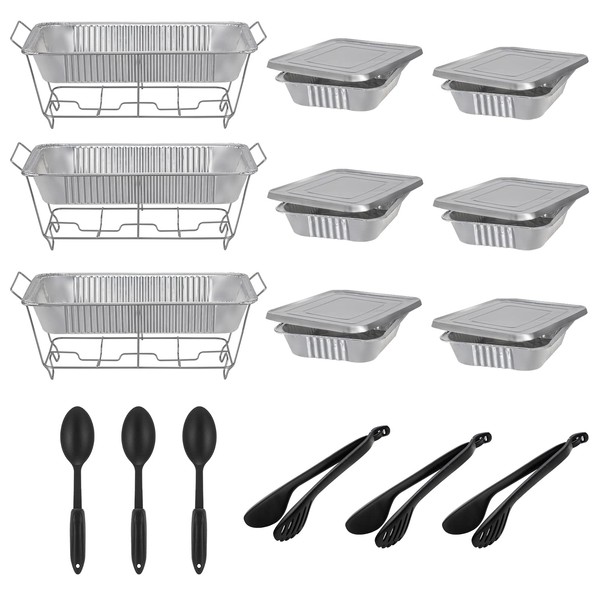 ROVSUN Chafing Dish Buffet Set Disposable, Buffet Servers and Warmers, Food Warmer for Parties Buffets, 24 Pieces Catering Set, Includes Full-Size Wire Chafer Stand, Disposable Pans & Utensils
