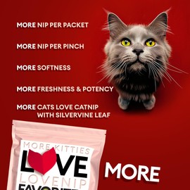 Soft Cat Nip for Cats kissed with Silvervine Leaf – Big 2.2 (2 cups) oz of Love – Fine Cut & Potent – More Kitties Love a Premium Catnip Silvervine Leaf Blend – Strong & Fresh Lovenip Favorites Blend