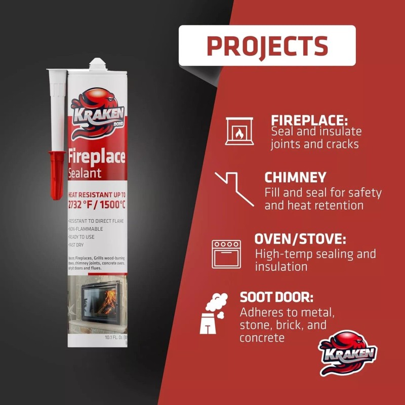 Kraken Bond Fireplace Sealant - Fireplace Caulk, Black 10.1 oz