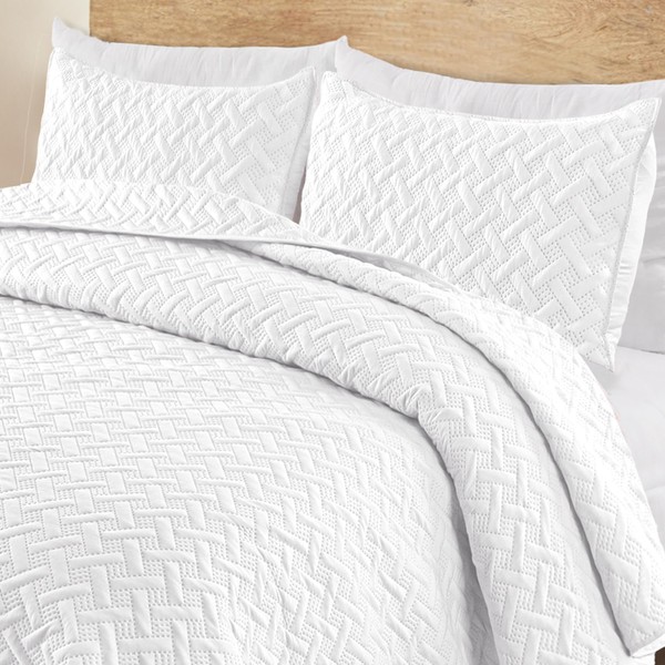 Exclusivo Mezcla Quilt Set Queen Full Size, Soft White Quilts Coverlets for All Seasons, Lightweight Modern Bedspreads Bedding Set with Pillow Shams, Weave Pattern