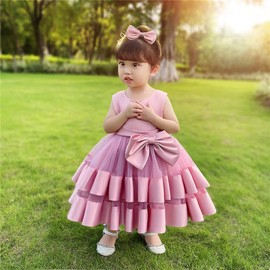 NSSMWTTC Princess Girls Bowknot Holiday Pageant Dresses Cute Sleeveless Prom Lace Tulle Toddler Birthday Party Dresses (Dusty Pink,110)