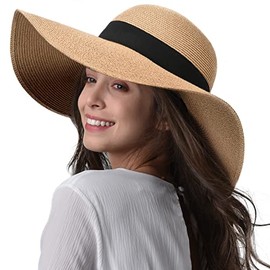 Wide Brim Sun Straw Hats for Women UPF 50 Foldable Roll up Floppy Summer Beach Hat